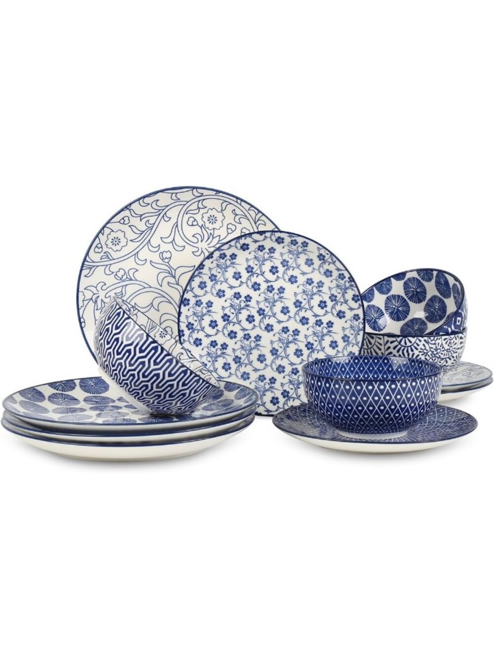 Vintage Blue Ceramic Dinnerware Set - 12-Piece Plates & Bowls for Elegant Dining
